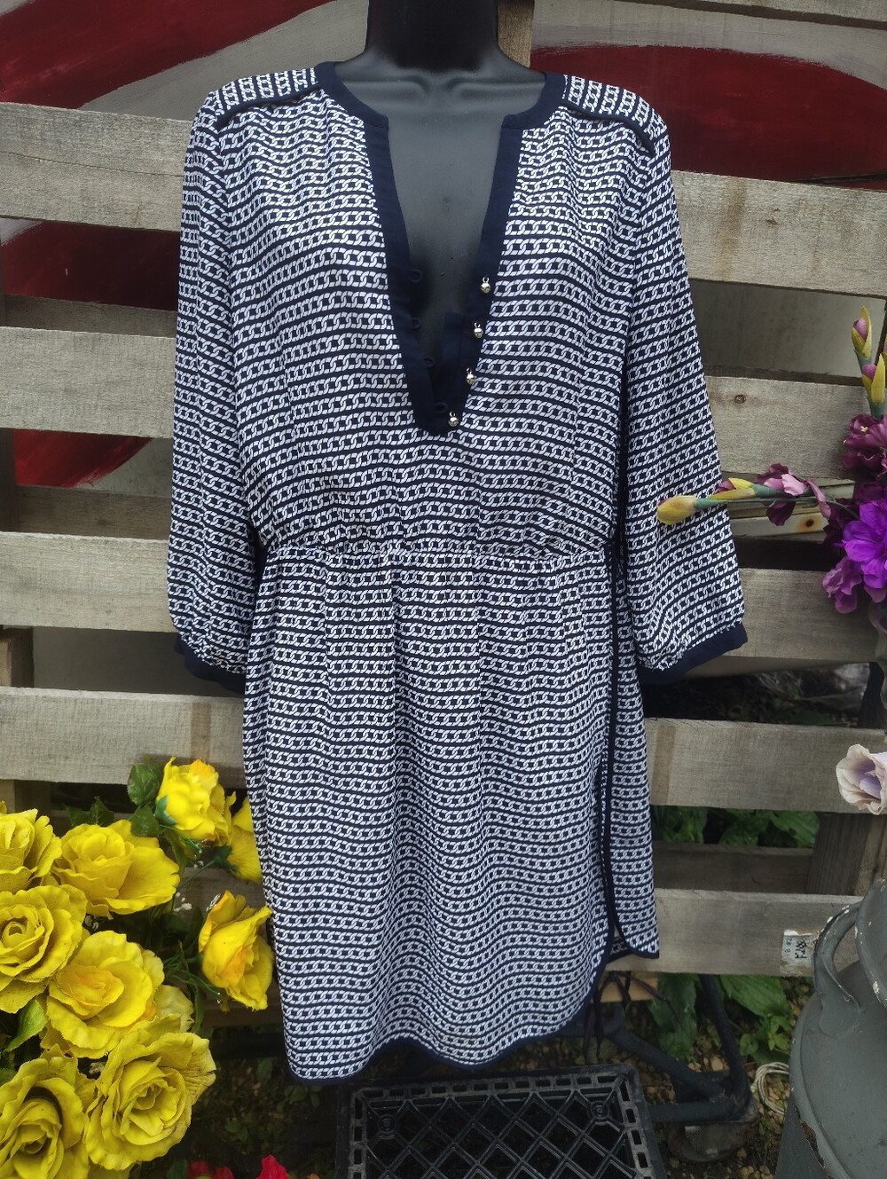 Banana Republic Navy and White Patterned Long Sleeve Tunic Dress Size 6